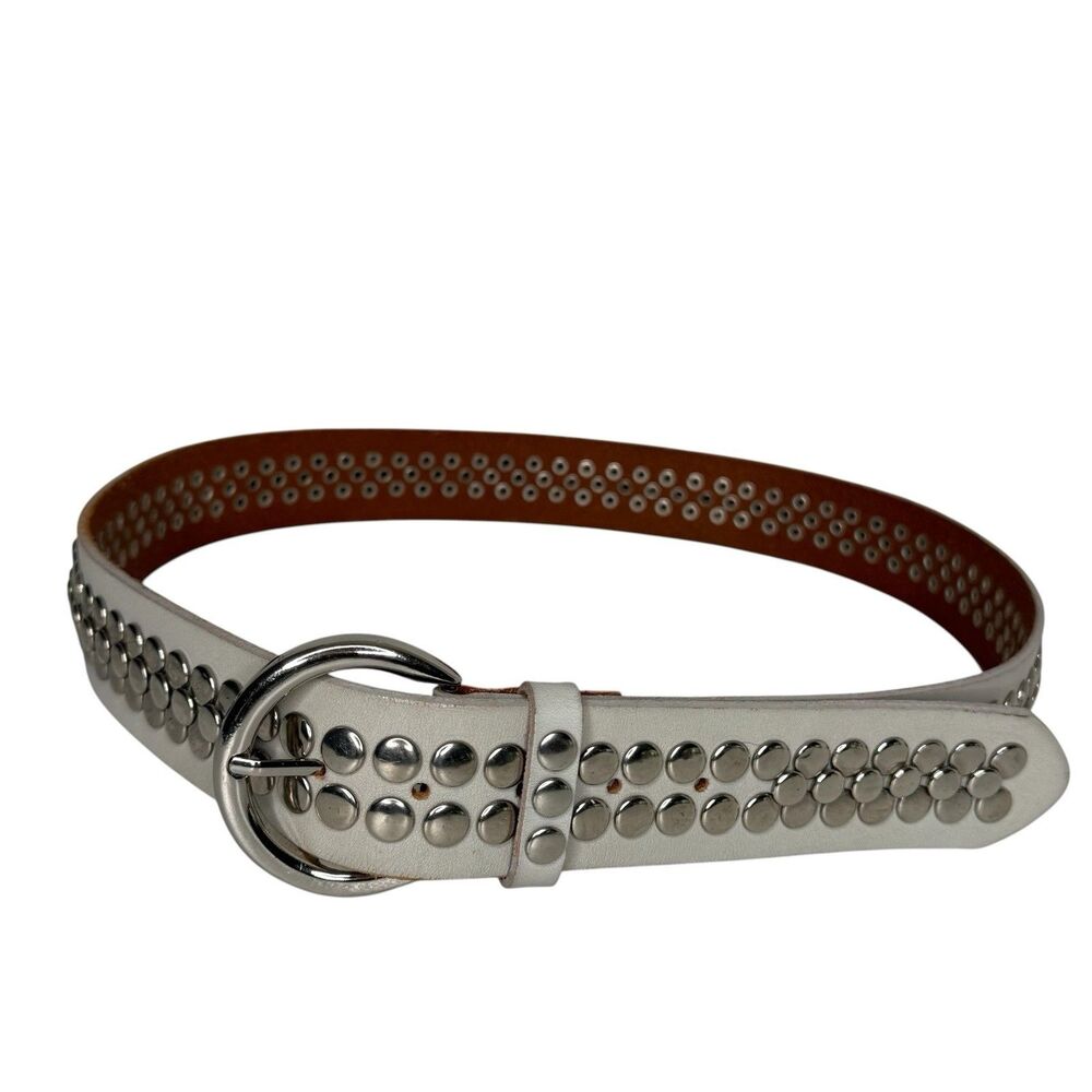 Women Off White Calfskin Leather Belt 36 Dome Rivets Silver Buckle Boho Punk Y2K